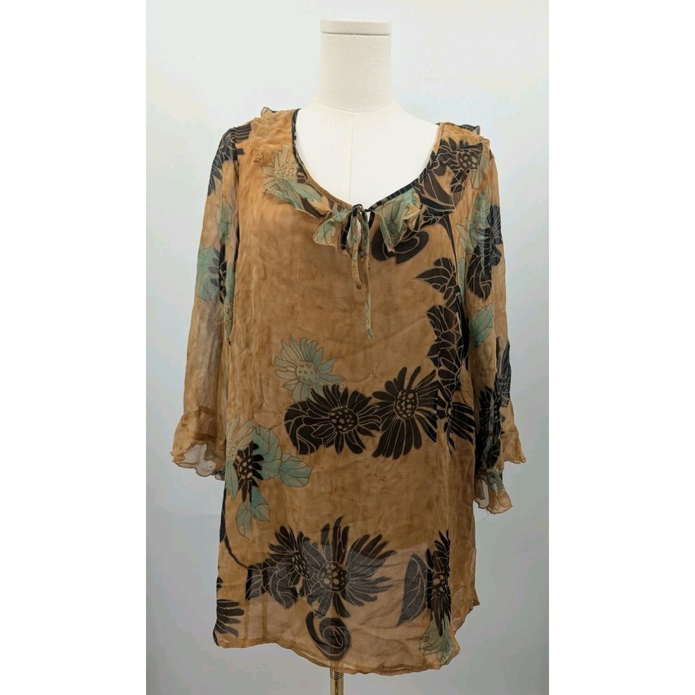 100% Silk Flowy Ruffle Top Fall Florals Size 1X Ruffle Sleeve Feminine Coquette